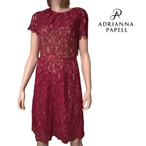 Adrianna Papell Dress All Over Lace Burgundy Rose Cocktail Wedding Silk Ribbon